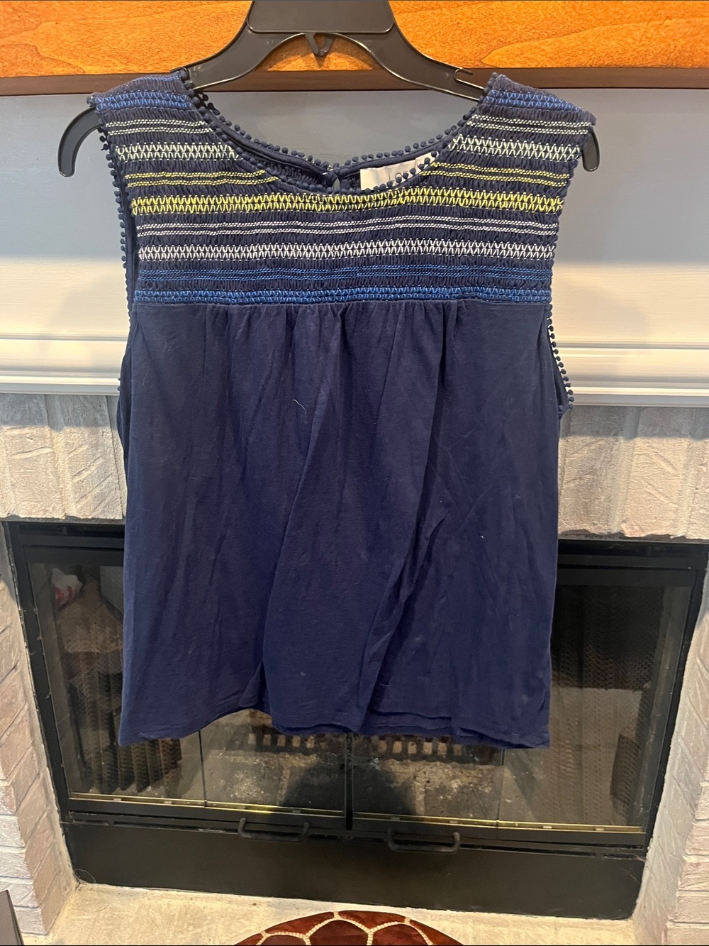 LOFT Navy Sleeveless Tank with Multi-Stripe Embroidered Yoke